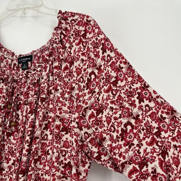 In Studio Boho Peasant Top Pink Ditsy Floral Elastic Waist 3/4 Sleeves Size 1X - Picture 4 of 11